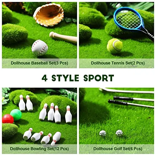 23 Pieces Dollhouse Miniature Sports Set Mini Golf Baseball Tennis Racket Tiny Golf Ball Clubs Ball Bats Mini House Decoration Accessories for Dollhouse Collection Cake Topper Decor