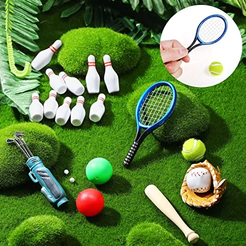 23 Pieces Dollhouse Miniature Sports Set Mini Golf Baseball Tennis Racket Tiny Golf Ball Clubs Ball Bats Mini House Decoration Accessories for Dollhouse Collection Cake Topper Decor