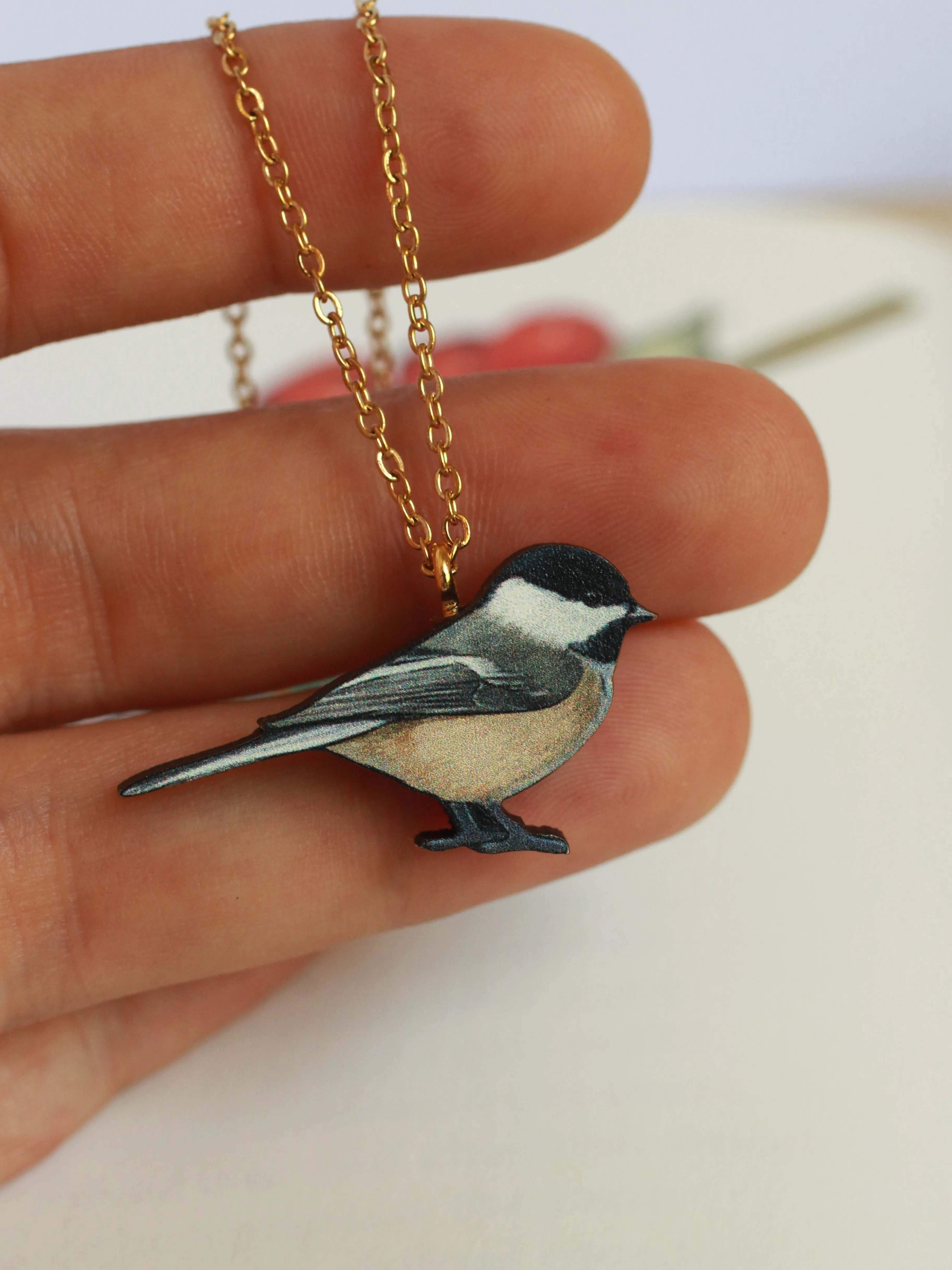 Chickadee necklace - wooden bird pendant