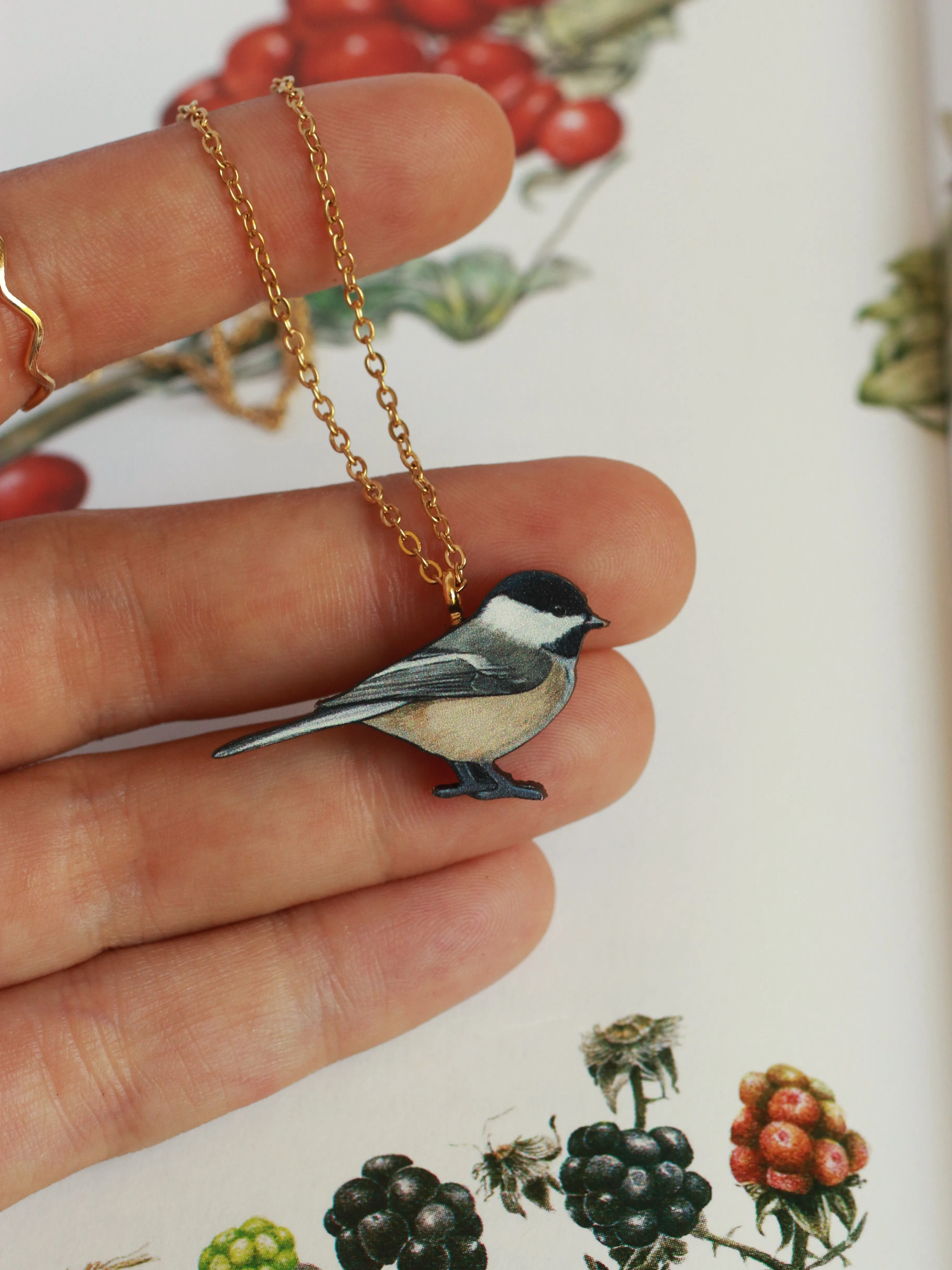 Chickadee necklace - wooden bird pendant