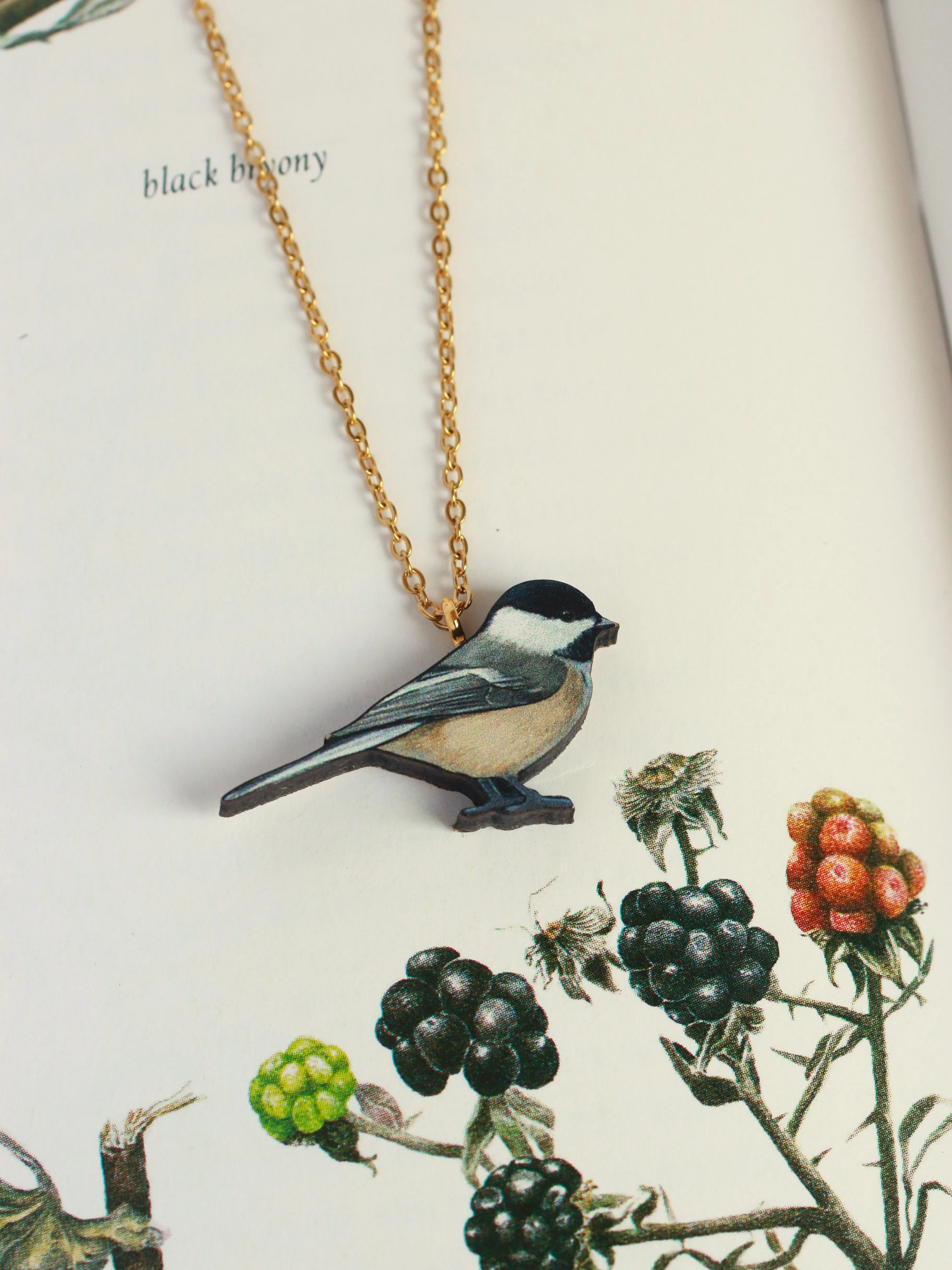 Chickadee necklace - wooden bird pendant