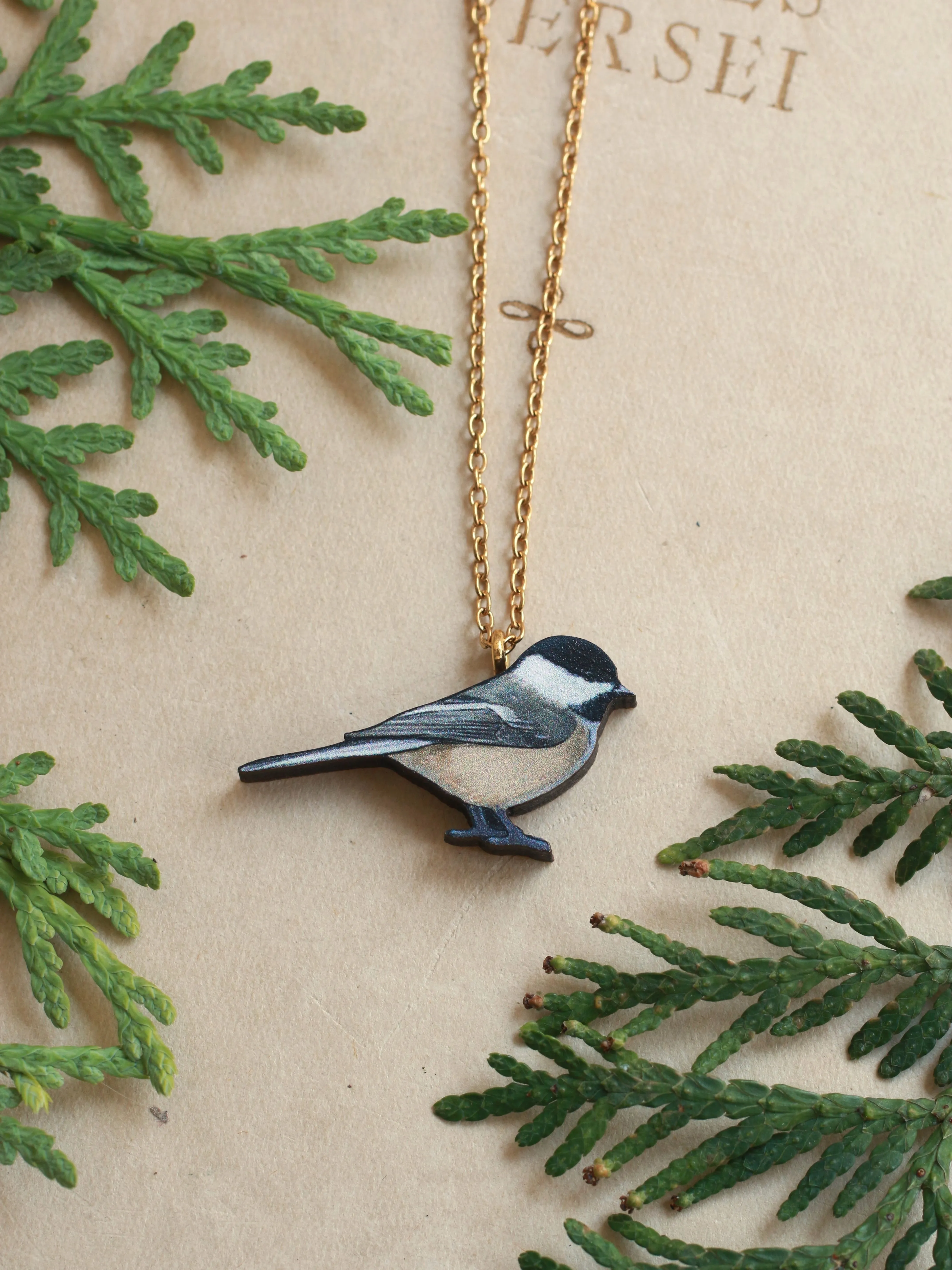 Chickadee necklace - wooden bird pendant