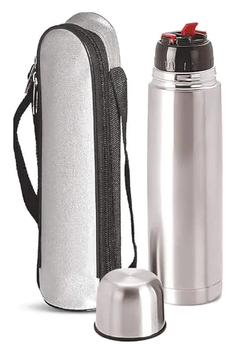 Crystal Zone Double Wall Vacuum Insulated 2 Pieces Stainless Steel Flip Lid 1000 ml and 500ml,12 Hours Hot & Cold Water (Pack of 2) Bottle with Cover