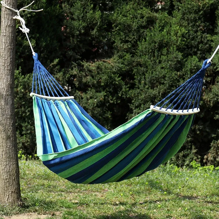 Outdoor Double Thickened Canvas Hammock Indoor Swing with Detachable Curved Rod, Size:190x100cm(Green Stripe)