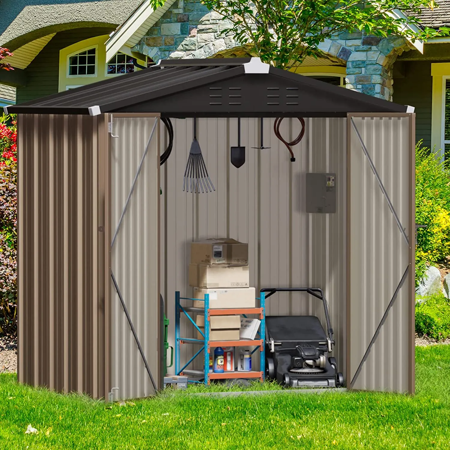 Outdoor Storage Shed, Galvanized Steel with Lockable Door