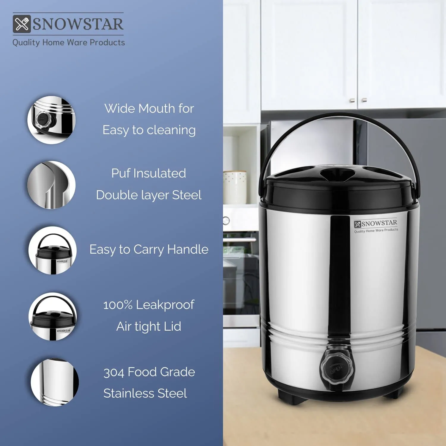 Snowstar Stainless Steel PUF Insulated Water Dispenser Hot and Cold - Steel Water Jug 5 Liter, Silver - Keeps Beverages Fresh - Easy to Carry Handle - Lightweight & Durable - BPA Free