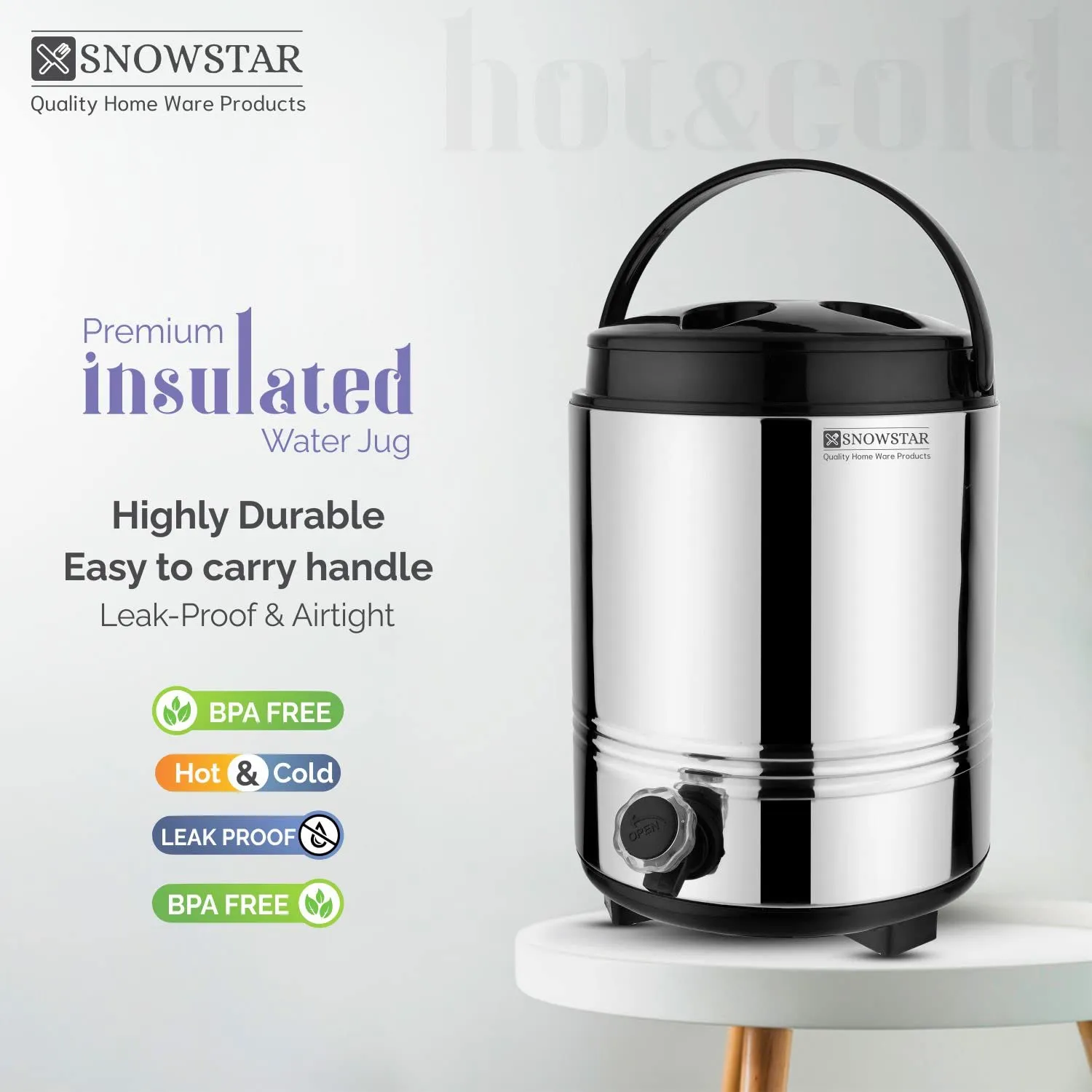 Snowstar Stainless Steel PUF Insulated Water Dispenser Hot and Cold - Steel Water Jug 5 Liter, Silver - Keeps Beverages Fresh - Easy to Carry Handle - Lightweight & Durable - BPA Free