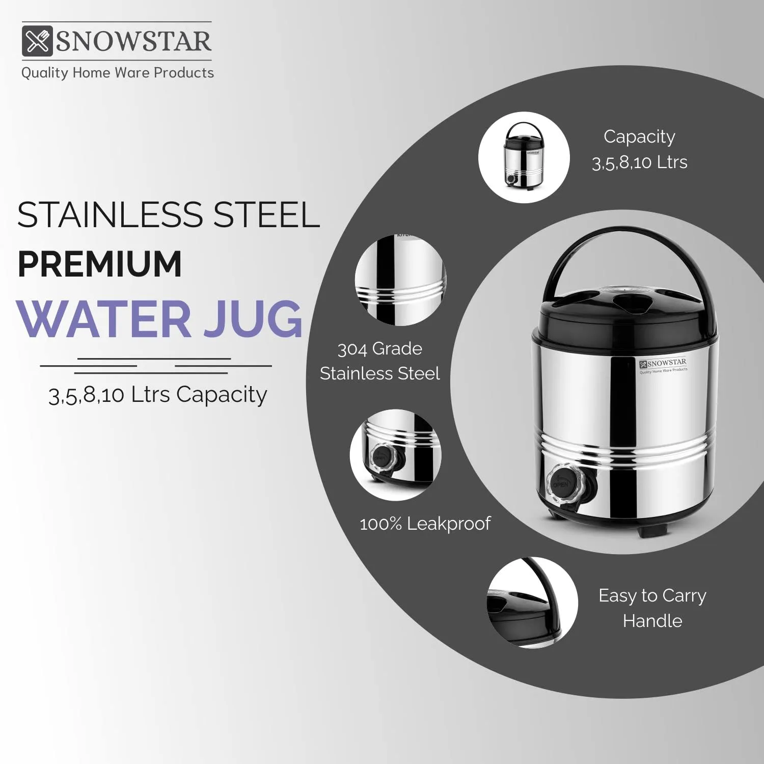 Snowstar Stainless Steel PUF Insulated Water Dispenser Hot and Cold - Steel Water Jug 5 Liter, Silver - Keeps Beverages Fresh - Easy to Carry Handle - Lightweight & Durable - BPA Free