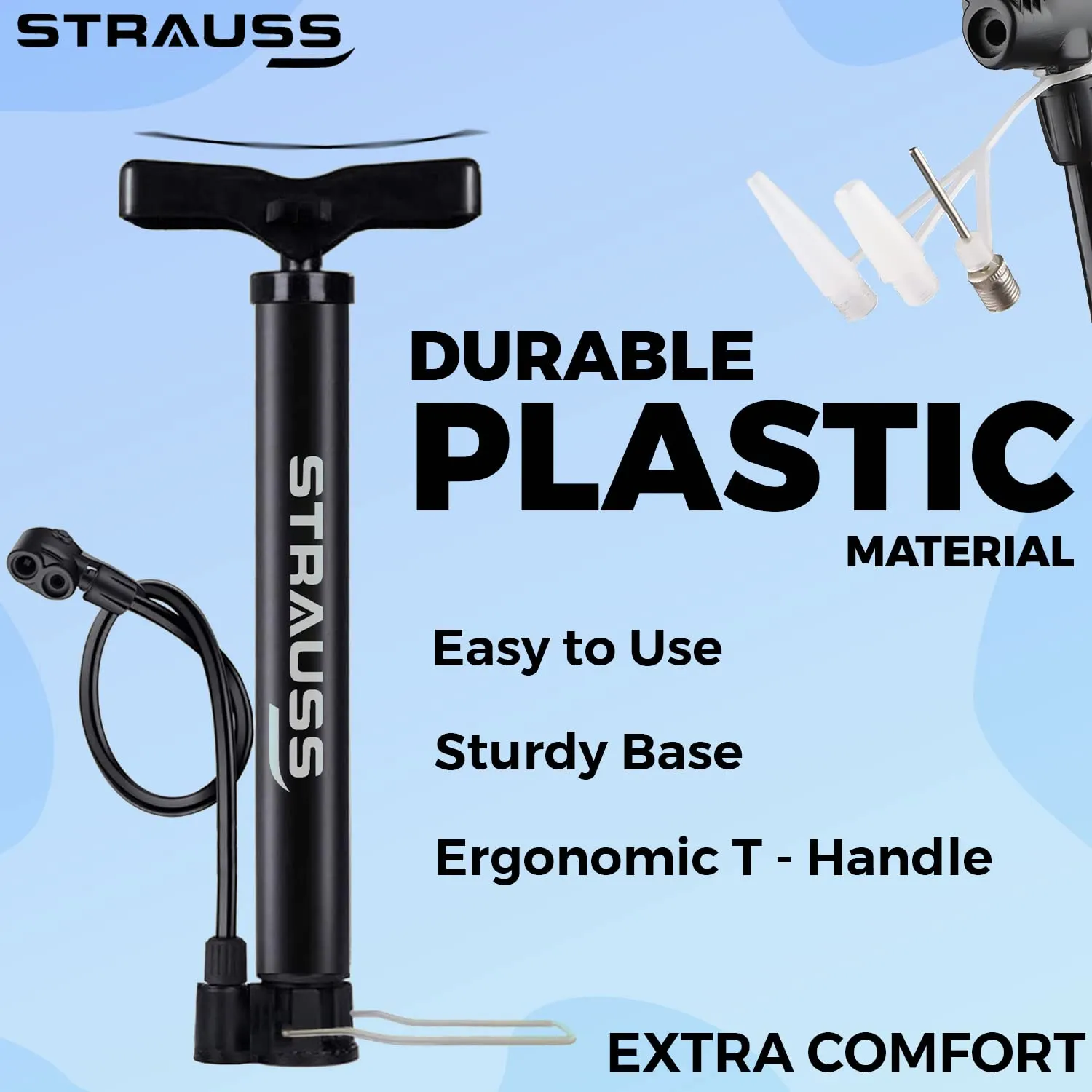 Strauss Bicycle Air Pump with Needle & Dual Valve | 30 CM Long | Portable Pump with 2 Modes, Ideal for Inflating Bicycle, Swimming Rings | Sturdy Base & Ergonomic Handle, (Black)