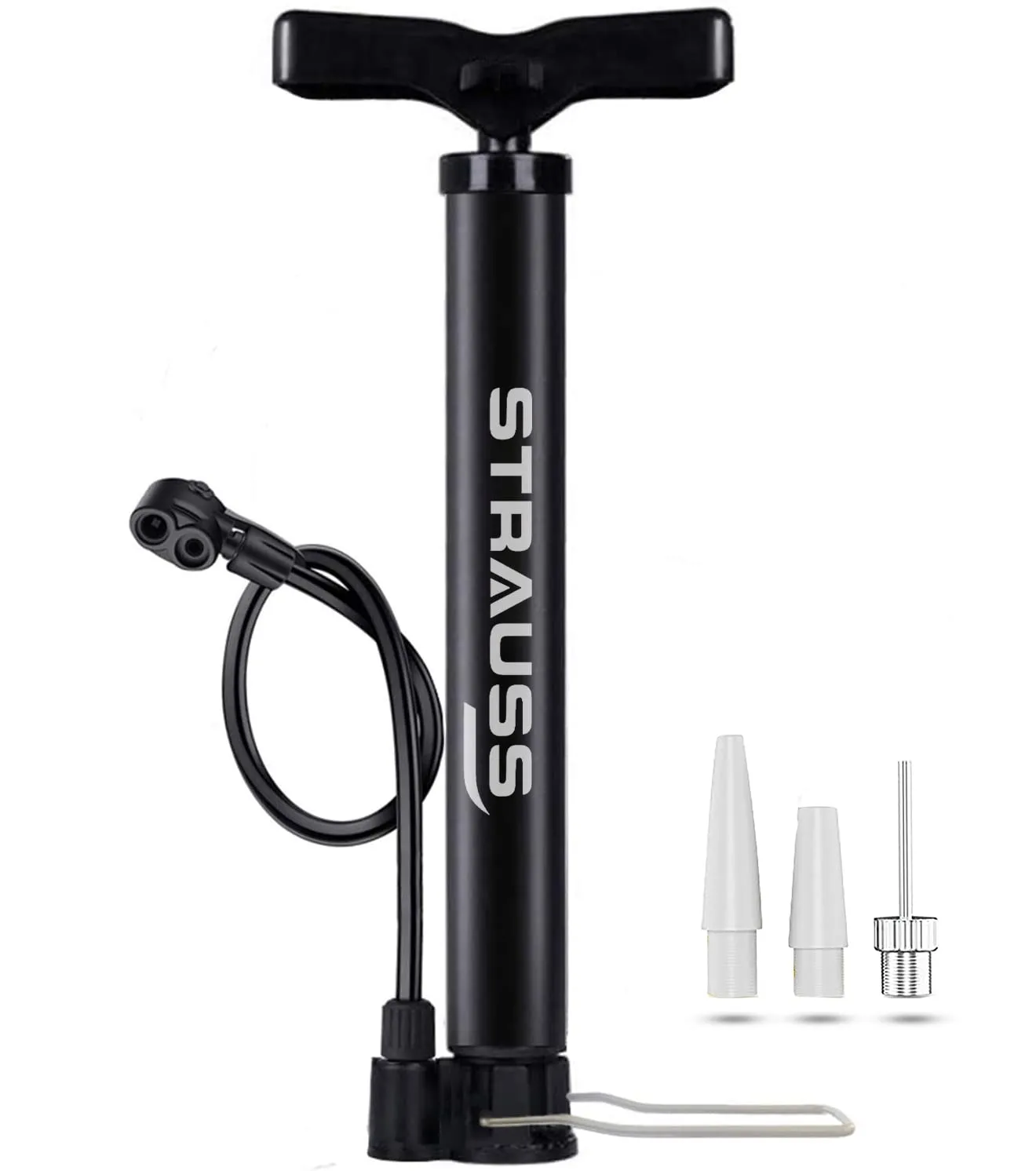 Strauss Bicycle Air Pump with Needle & Dual Valve | 30 CM Long | Portable Pump with 2 Modes, Ideal for Inflating Bicycle, Swimming Rings | Sturdy Base & Ergonomic Handle, (Black)