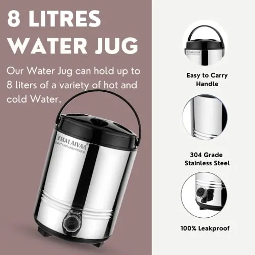 THALAIVAA Insulated Hot and Cold Water Containers with Tap (8 Liters, Silver) Highly Durable & Sturdy Base I Double Wall PUF Insulation Keeps Beverages HOT N Cold Upro 4 to 5 hrs I BPA Free